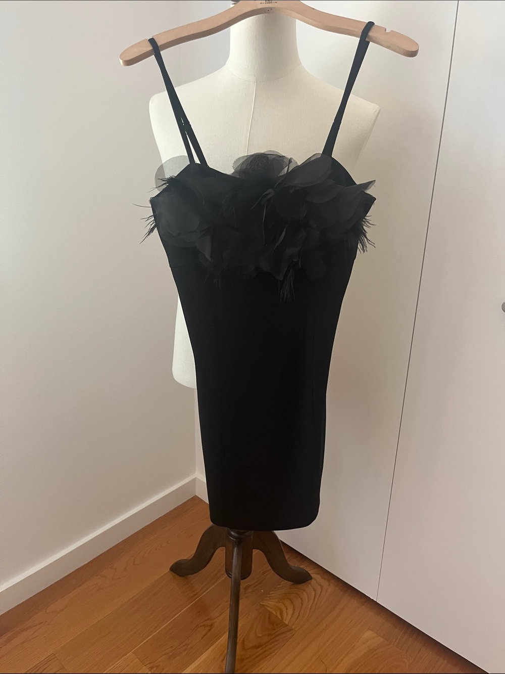 BCX Black Floral-Trim Spaghetti Strap Mini Dress